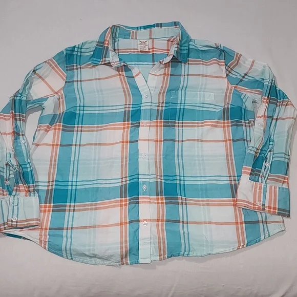 Faded Glory Teal and Orange Plaid Button Down Shirt - Picture 1 of 6